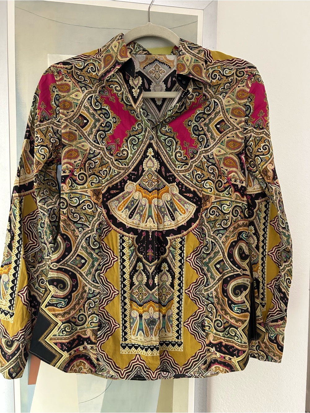 Etro Kaleidoscopic Paisley-Print Button-Down Shirt in Mustard and Fuchsia